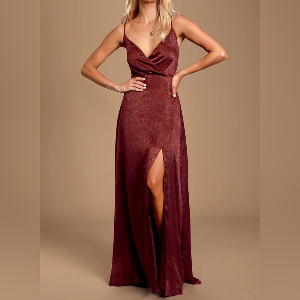Lulu's Burgundy Satin Maxi Dress with Side Slit